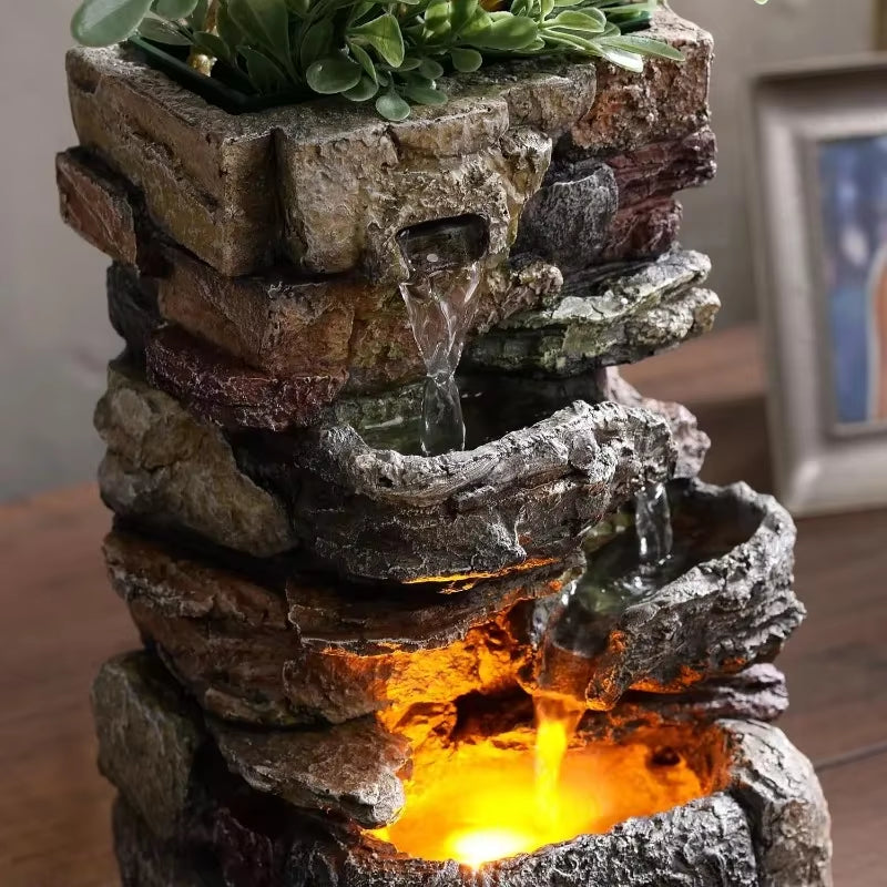 Indoor Small Tabletop Fountains Waterfalls Stone Rockery Fountain Home Decorations with LED Lights Relaxtion Soothing Sound