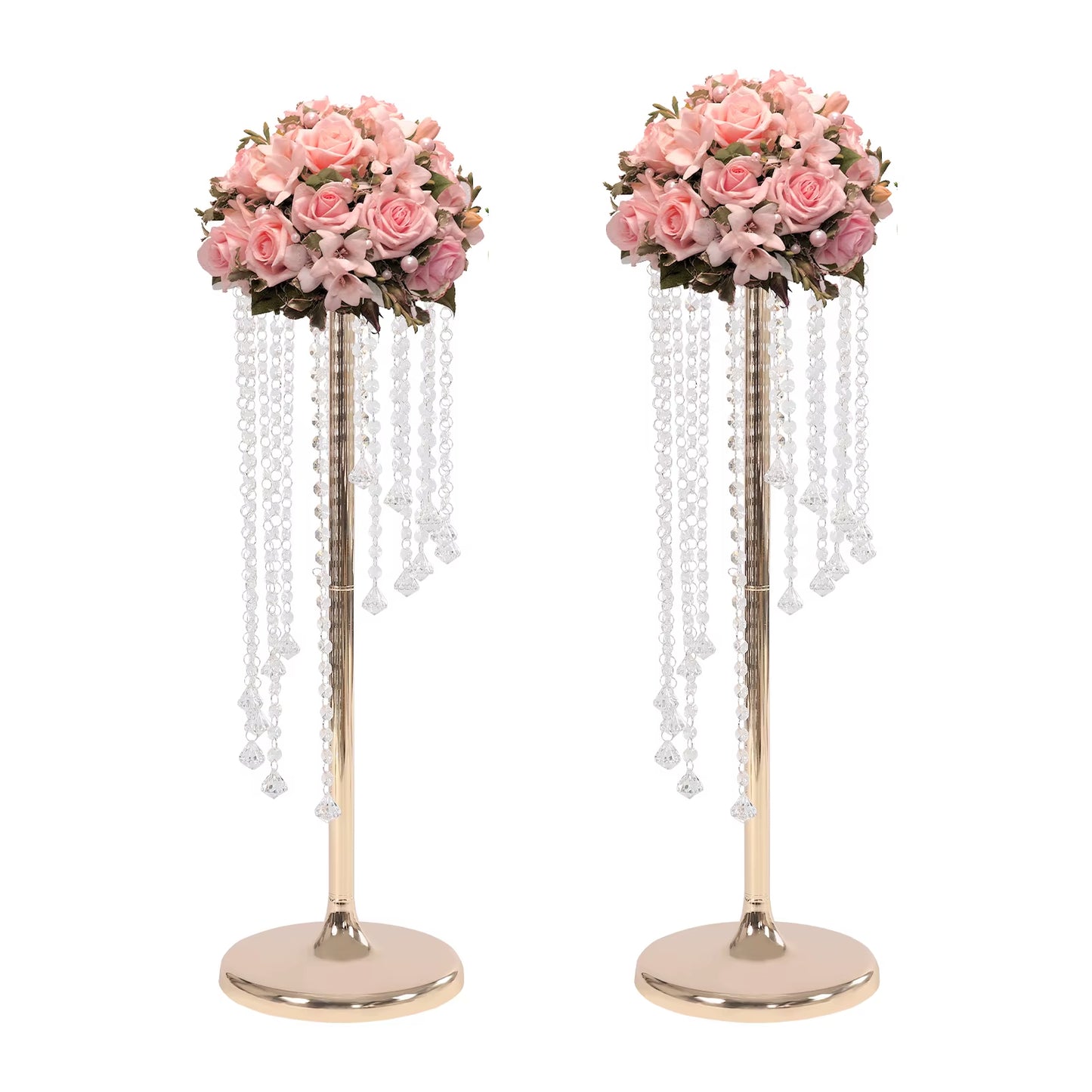 2 Pcs 27.6Inch Tall Wedding Centerpieces Gold Vases Crystal Flower Vase Metal Flowers Stand for Party Tables Decorations