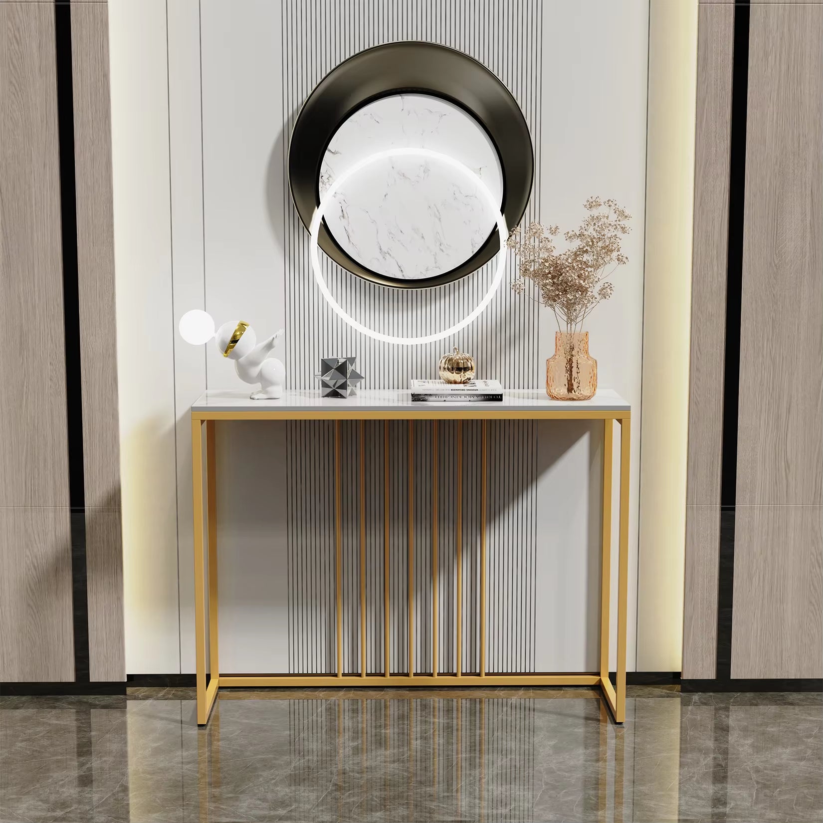 Modern Accent Console Marble Table Gold Metal Frame Storage Display Shelf Narrow Table for Hallway Entryway Living Room Entrance