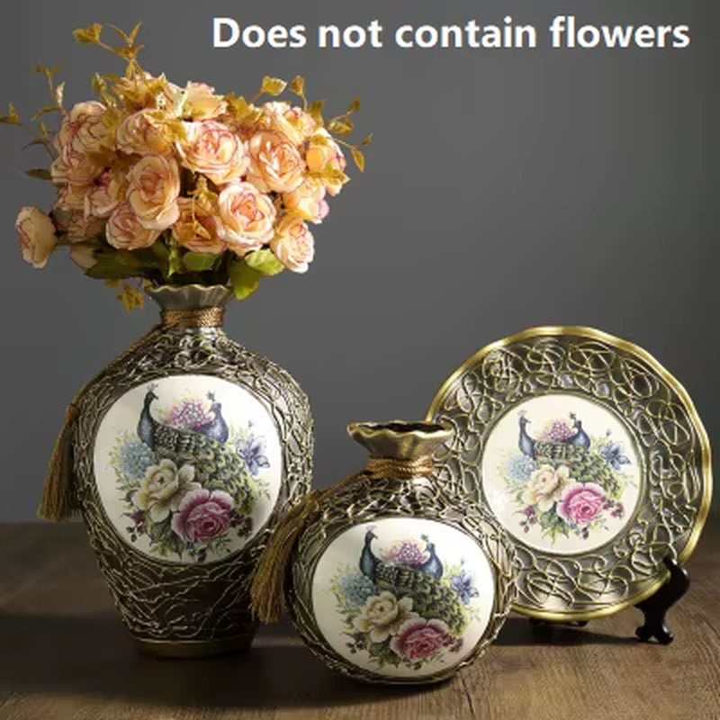 3Pcs/Set Ceramic Vase 3D Stereoscopic Dried Flowers Arrangement Wobble Plate Living Room Entrance Ornaments Home Decorations