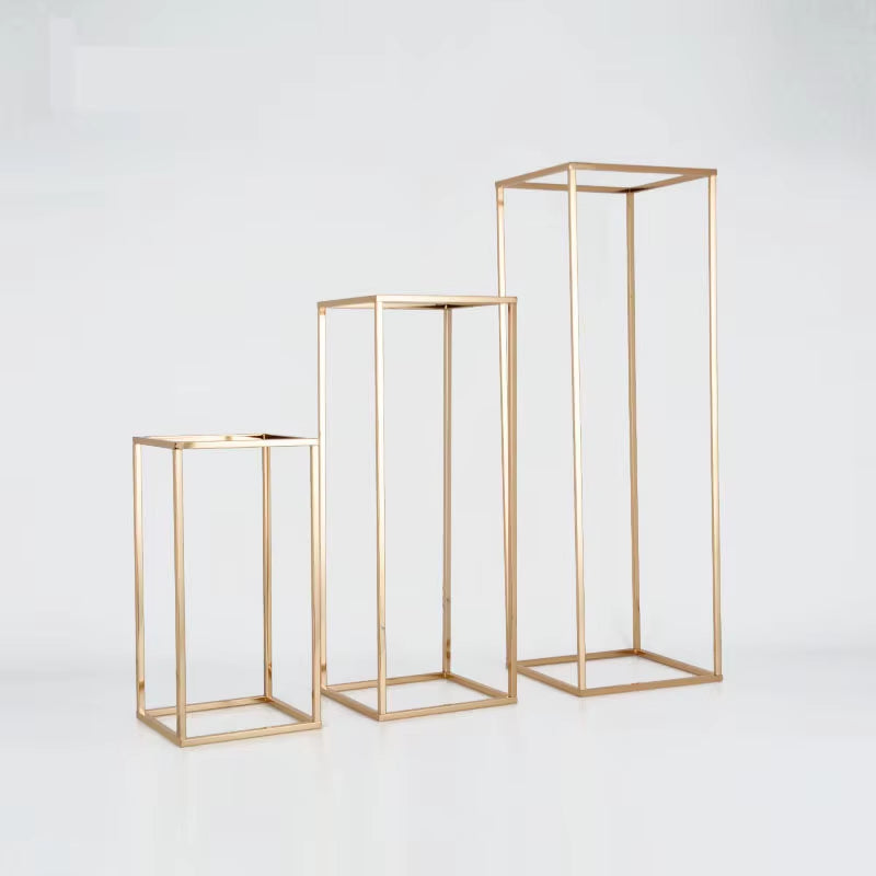 4Pcs Shiny Gold Iron Plinths Pillar Cake Holder Metal Frame Backdrops Wedding Centerpiece Flower Stand Home Crafts Rack Decor