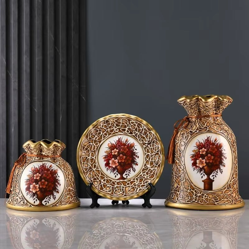 3Pcs/Set Ceramic Vase 3D Stereoscopic Dried Flowers Arrangement Wobble Plate Living Room Entrance Ornaments Home Decorations