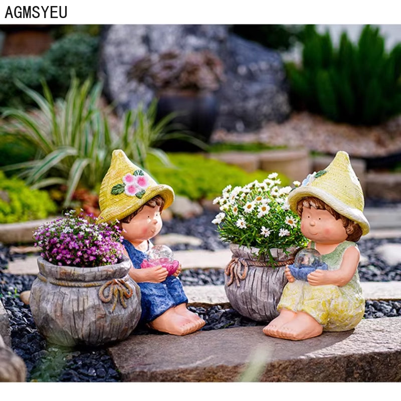 Creative Resin Cartoon Characters Boys and Girls Sculptures with Flower Pots Villa Garden Decoration Landscape Garden Decoration