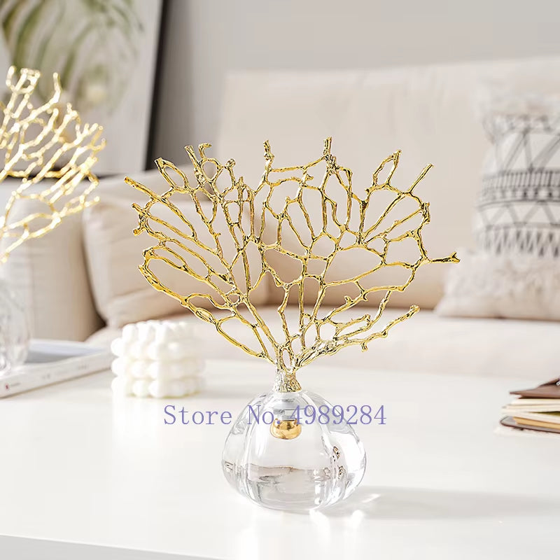 Creativity Crystal Metal Golden Coral Handmade Handicraft Furnishings Modern Home Decoration Accessories Christmas Decorations