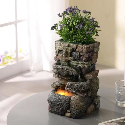 Indoor Small Tabletop Fountains Waterfalls Stone Rockery Fountain Home Decorations with LED Lights Relaxtion Soothing Sound