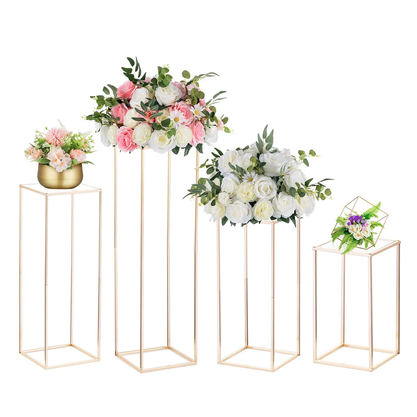 4Pcs Shiny Gold Iron Plinths Pillar Cake Holder Metal Frame Backdrops Wedding Centerpiece Flower Stand Home Crafts Rack Decor