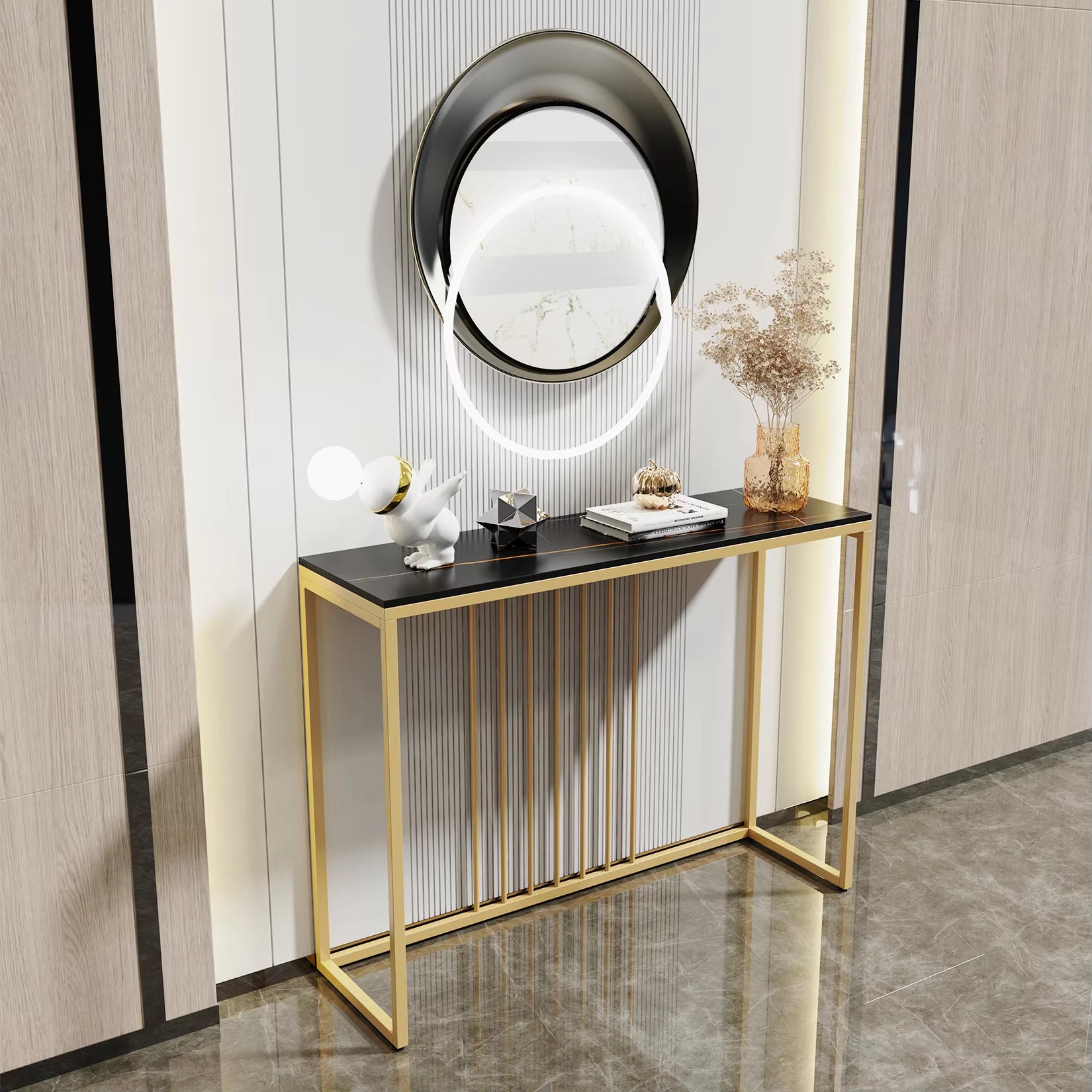 Modern Accent Console Marble Table Gold Metal Frame Storage Display Shelf Narrow Table for Hallway Entryway Living Room Entrance