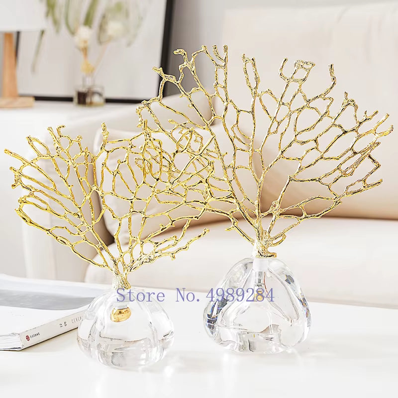 Creativity Crystal Metal Golden Coral Handmade Handicraft Furnishings Modern Home Decoration Accessories Christmas Decorations