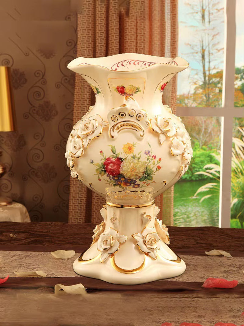 Luxury European Ceramic Vase Stereoscopic Dried Fowers Arrangement Wobble Plate Living Room Entrance Ornaments Home Decorations