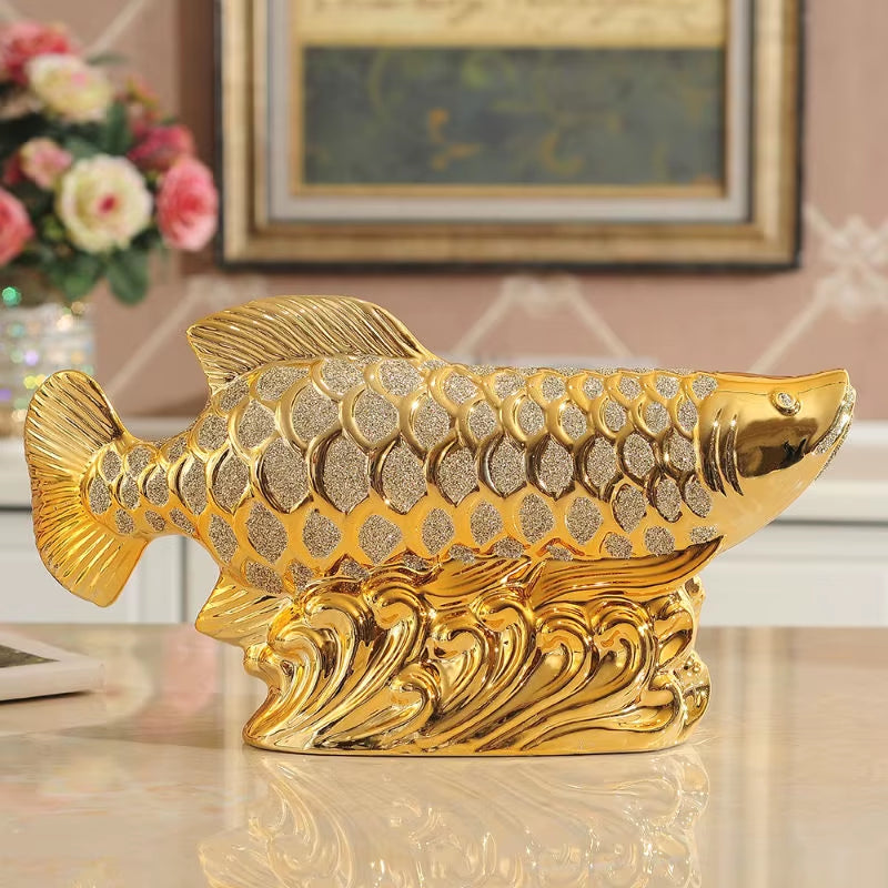 European Wedding Decor Crafts Ceramic Creative Room Decoration Handicraft Gold Arowana Porcelain Figurines Decorations W4035