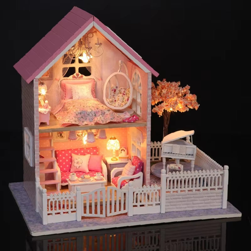 DIY 3D Wooden Dollhouse Mini House Furniture Apartment Doll Penthouse Furniture Swimming Pool Girl Kids Gift Educational Toys