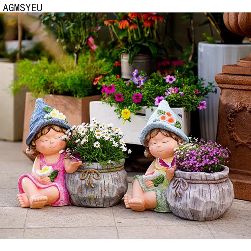 Creative Resin Cartoon Characters Boys and Girls Sculptures with Flower Pots Villa Garden Decoration Landscape Garden Decoration