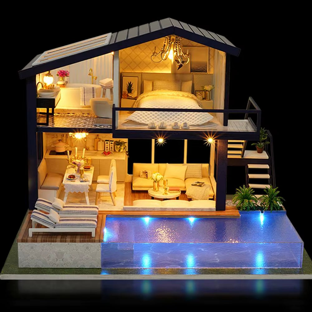 DIY 3D Wooden Dollhouse Mini House Furniture Apartment Doll Penthouse Furniture Swimming Pool Girl Kids Gift Educational Toys