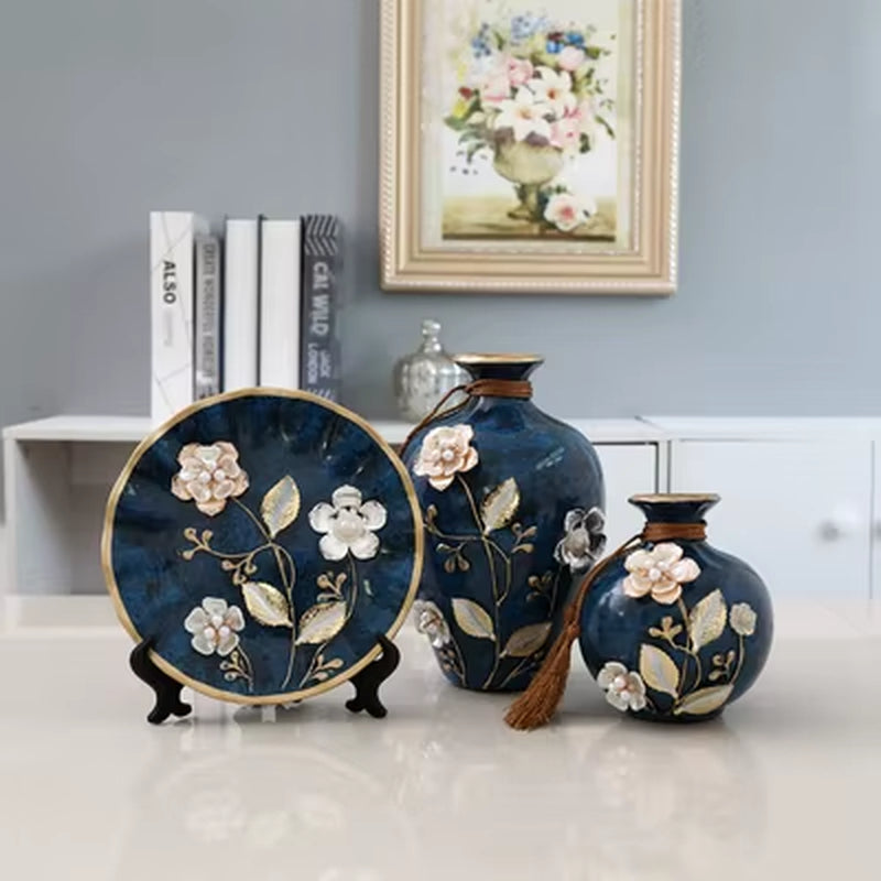 3Pcs/Set Ceramic Vase 3D Stereoscopic Dried Flowers Arrangement Wobble Plate Living Room Entrance Ornaments Home Decorations