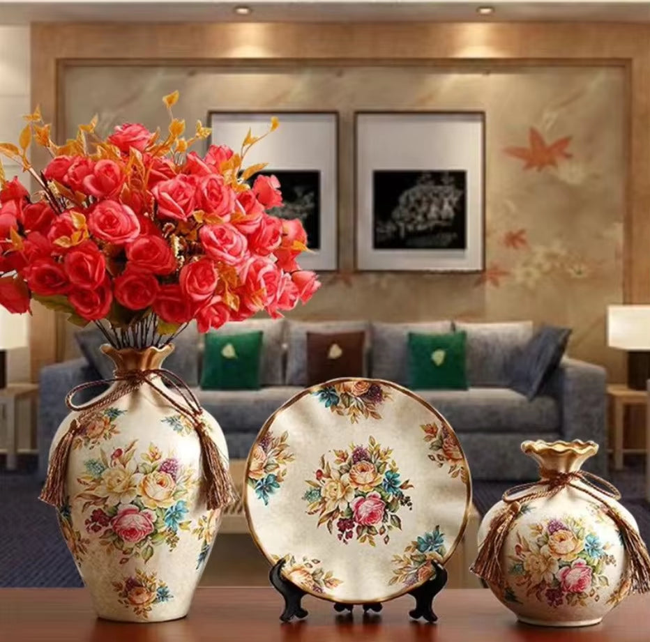 3Pcs/Set Ceramic Vase Stereoscopic Dried Flowers Arrangement Wobble Plate Room Entrance Ornaments Wedding Decorations