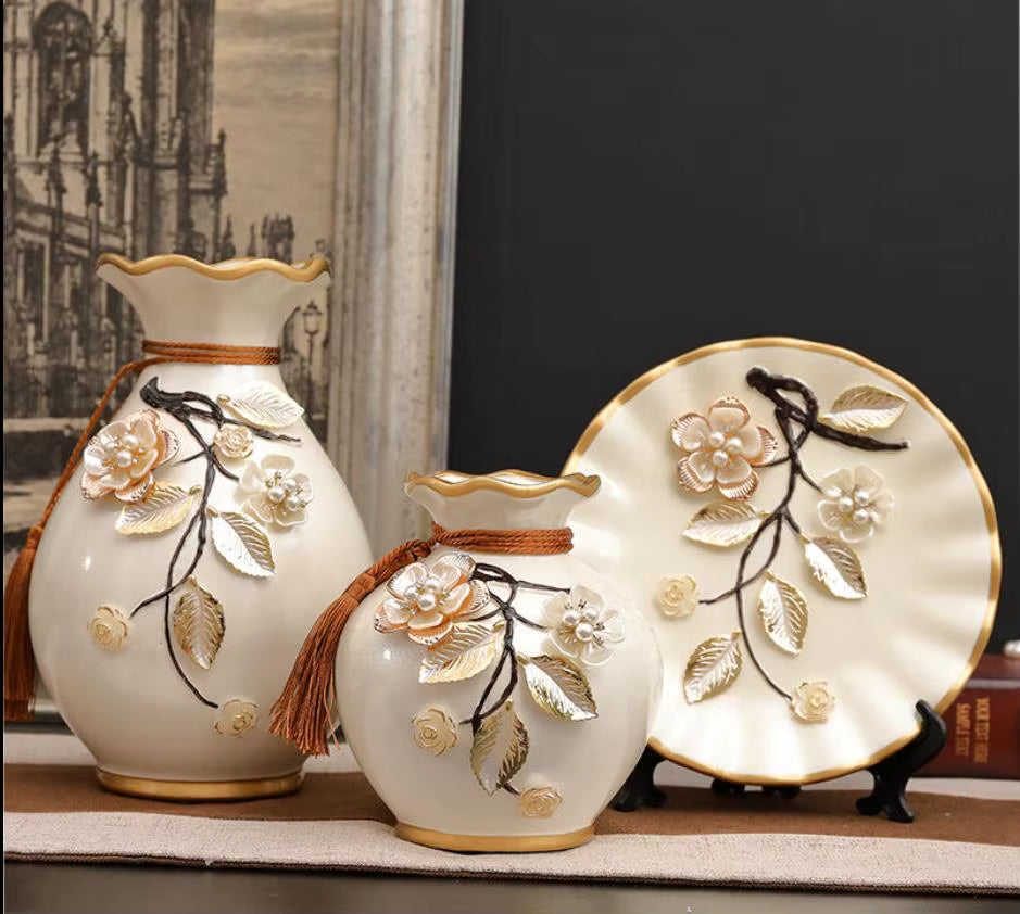 3Pcs/Set Ceramic Vase 3D Stereoscopic Dried Flowers Arrangement Wobble Plate Living Room Entrance Ornaments Home Decorations