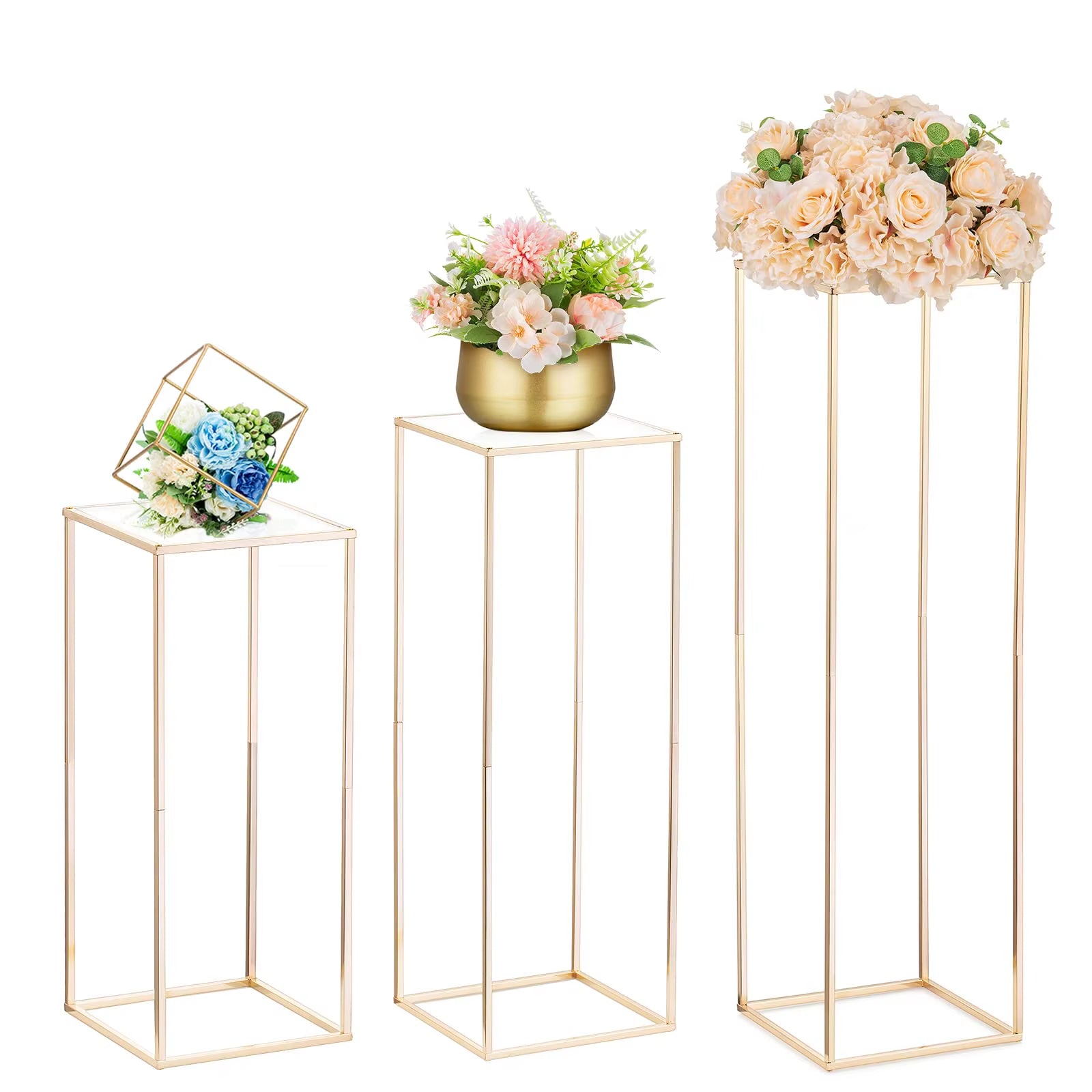 4Pcs Shiny Gold Iron Plinths Pillar Cake Holder Metal Frame Backdrops Wedding Centerpiece Flower Stand Home Crafts Rack Decor