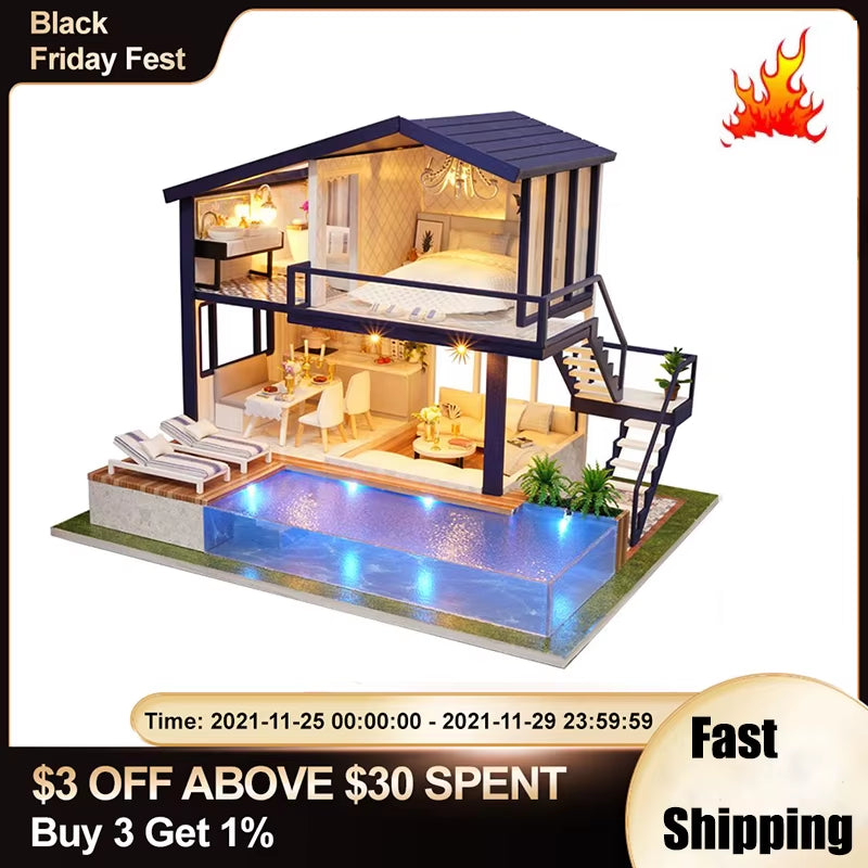 DIY 3D Wooden Dollhouse Mini House Furniture Apartment Doll Penthouse Furniture Swimming Pool Girl Kids Gift Educational Toys