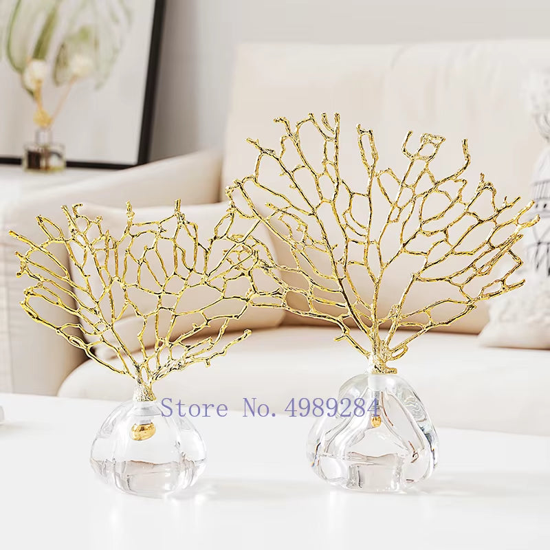 Creativity Crystal Metal Golden Coral Handmade Handicraft Furnishings Modern Home Decoration Accessories Christmas Decorations