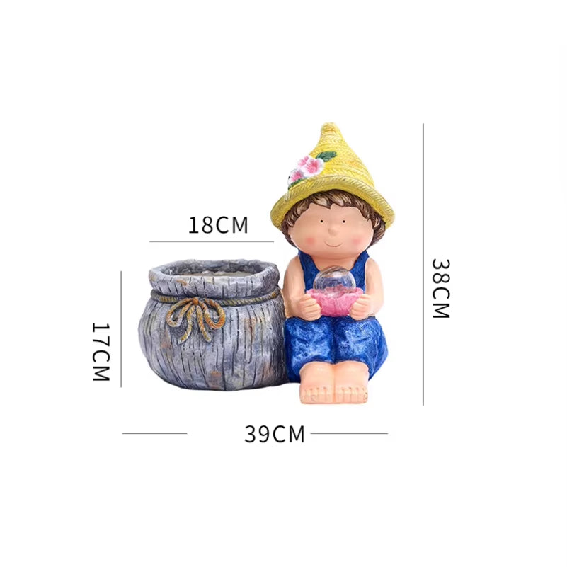 Creative Resin Cartoon Characters Boys and Girls Sculptures with Flower Pots Villa Garden Decoration Landscape Garden Decoration