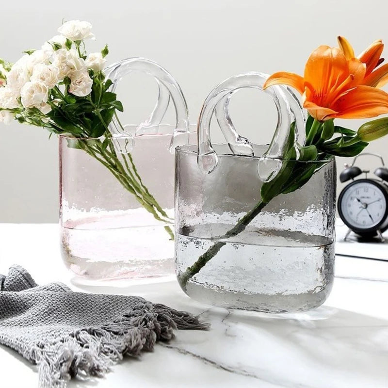 Clear Glass Vase Fish Tote Bag Flower Handbag Bag Vase Desktop Centerpiece for School Office Bedroom Decoration