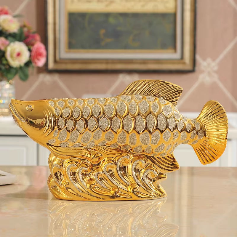 European Wedding Decor Crafts Ceramic Creative Room Decoration Handicraft Gold Arowana Porcelain Figurines Decorations W4035