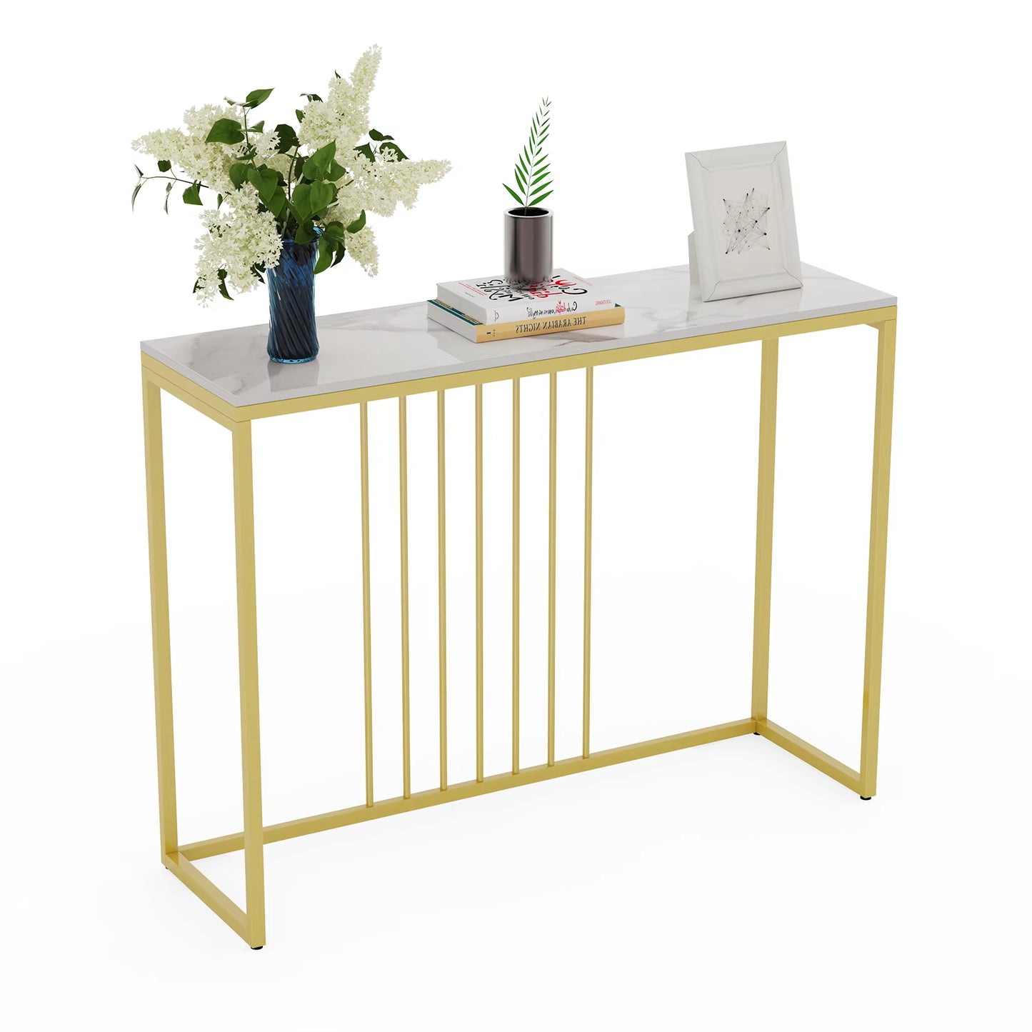 Modern Accent Console Marble Table Gold Metal Frame Storage Display Shelf Narrow Table for Hallway Entryway Living Room Entrance