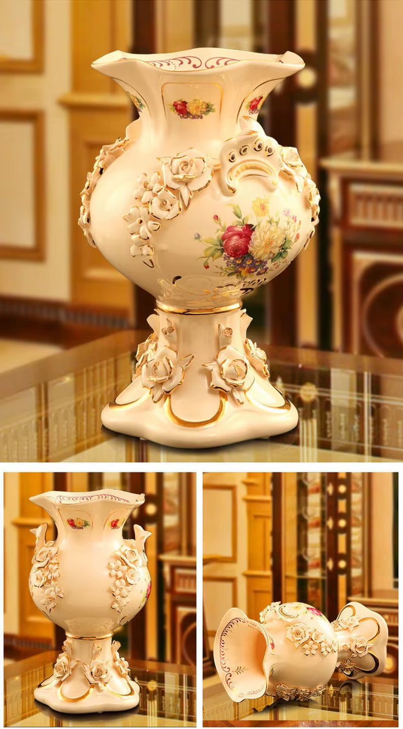 Luxury European Ceramic Vase Stereoscopic Dried Fowers Arrangement Wobble Plate Living Room Entrance Ornaments Home Decorations