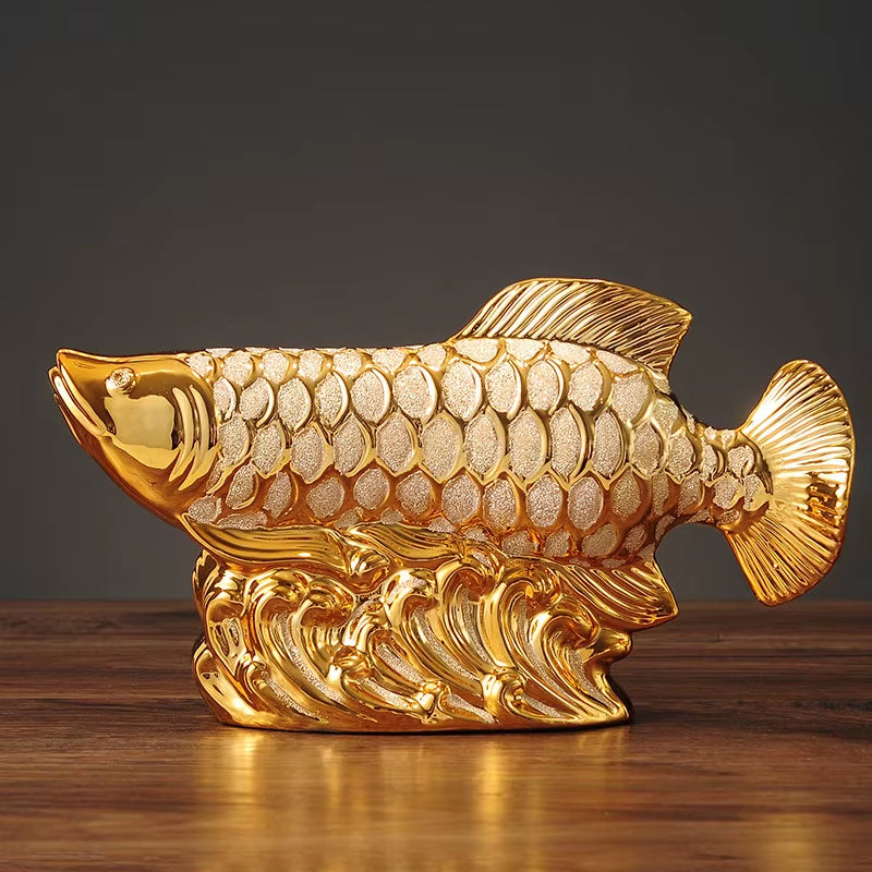 European Wedding Decor Crafts Ceramic Creative Room Decoration Handicraft Gold Arowana Porcelain Figurines Decorations W4035