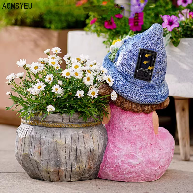 Creative Resin Cartoon Characters Boys and Girls Sculptures with Flower Pots Villa Garden Decoration Landscape Garden Decoration