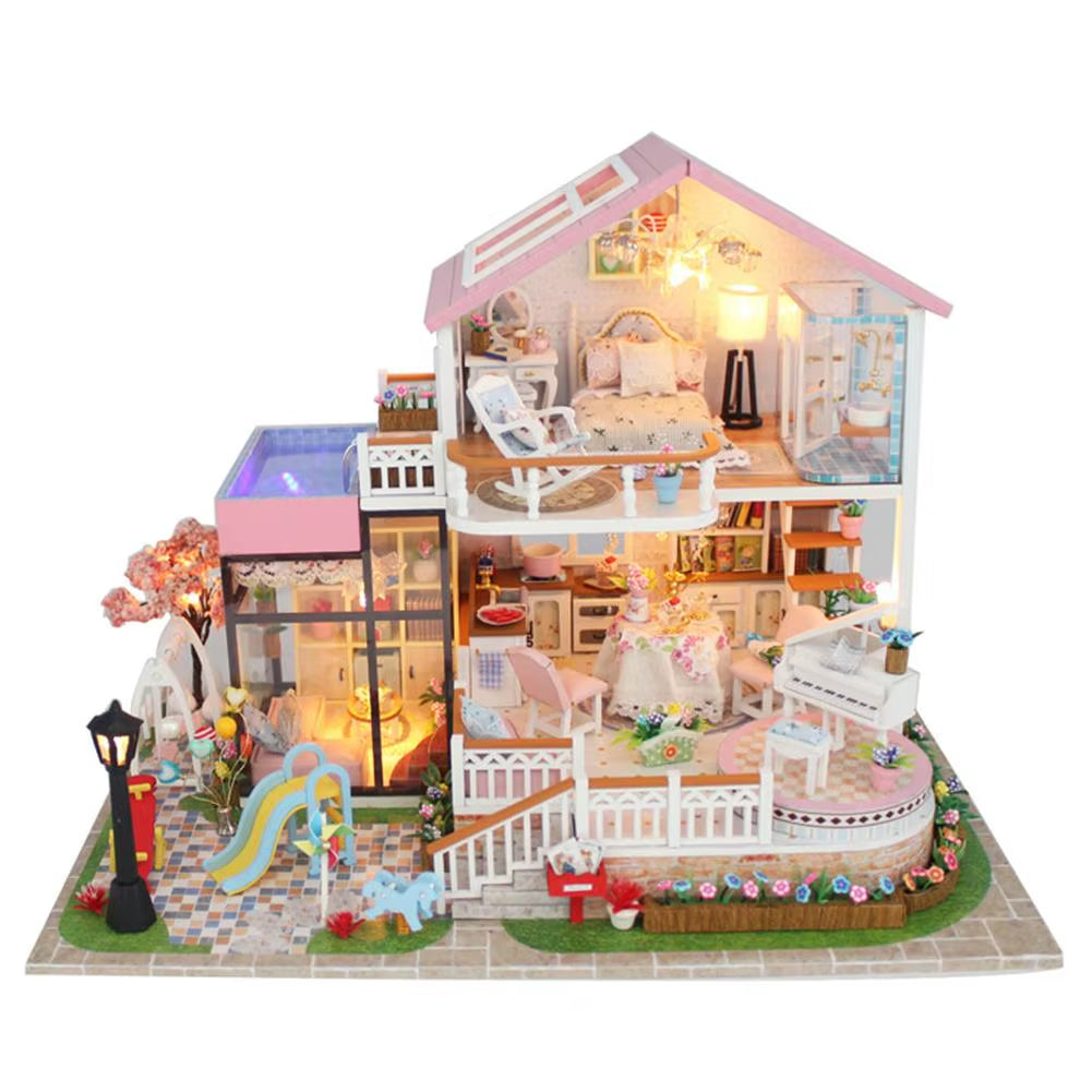 DIY 3D Wooden Dollhouse Mini House Furniture Apartment Doll Penthouse Furniture Swimming Pool Girl Kids Gift Educational Toys