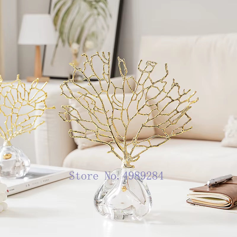 Creativity Crystal Metal Golden Coral Handmade Handicraft Furnishings Modern Home Decoration Accessories Christmas Decorations