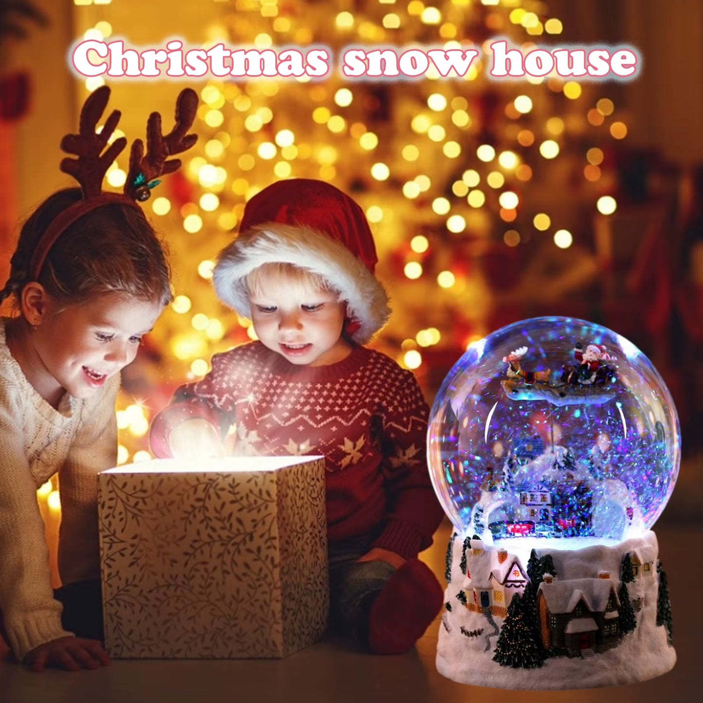 Christmas Glass Ball Crystal Ball Music Box Christmas Snow House Flying Deer Rotatable Luminous Snow Ball Music Box Creative Gif