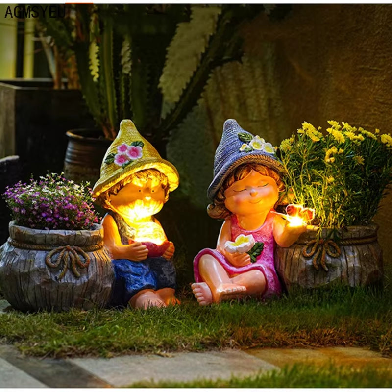 Creative Resin Cartoon Characters Boys and Girls Sculptures with Flower Pots Villa Garden Decoration Landscape Garden Decoration