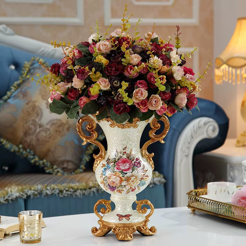 Luxury European Resin Vase Stereoscopic Dried Fowers Arrangement Wobble Plate Living Room Entrance Ornaments Home Decorations