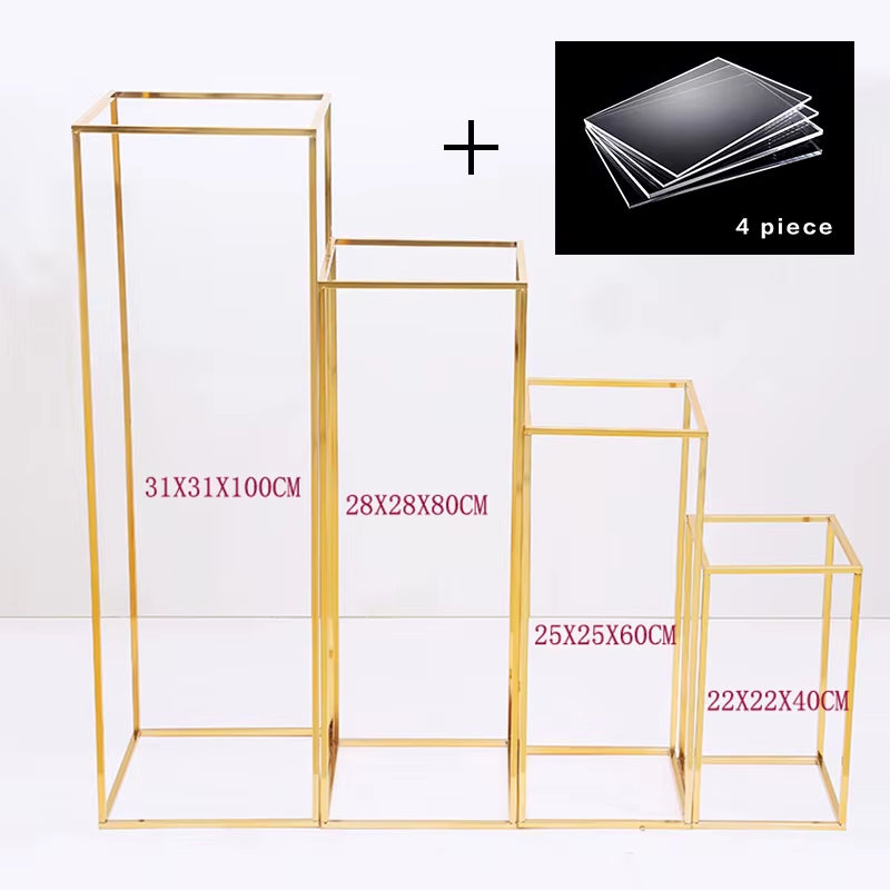 4Pcs Shiny Gold Iron Plinths Pillar Cake Holder Metal Frame Backdrops Wedding Centerpiece Flower Stand Home Crafts Rack Decor