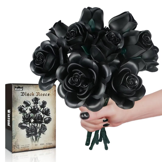 12 PCS Black Rose Building Block Set Plant Bouquet High Quality Simulated Roses Flowers Gothic Decoration Valentine'S Day Gift